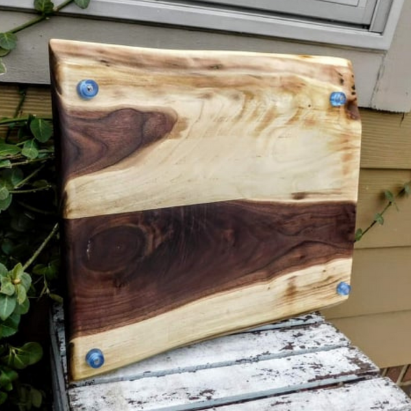 Black Walnut Charcuterie Board / Serving Tray With Heavy Duty Cast Iron Handles & Clear Rubber Feet