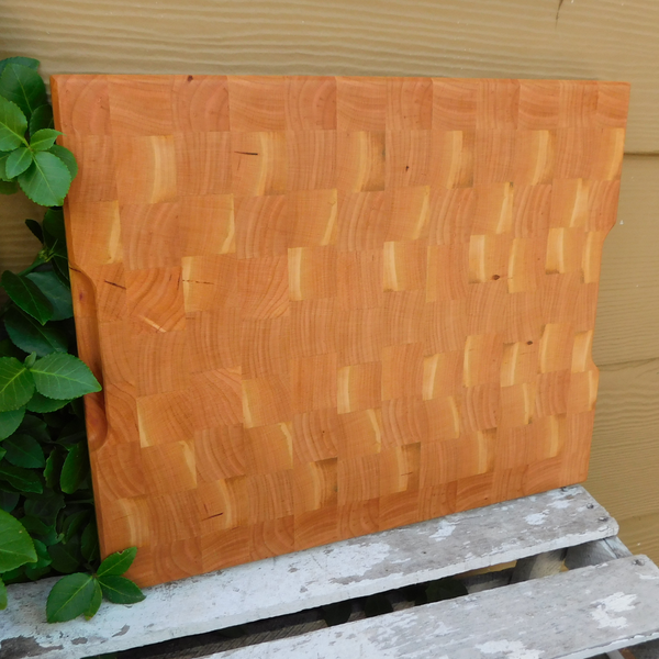Cherry Wood End Grain Cutting Board with Hand Grooves on Sides and Beveled Edge