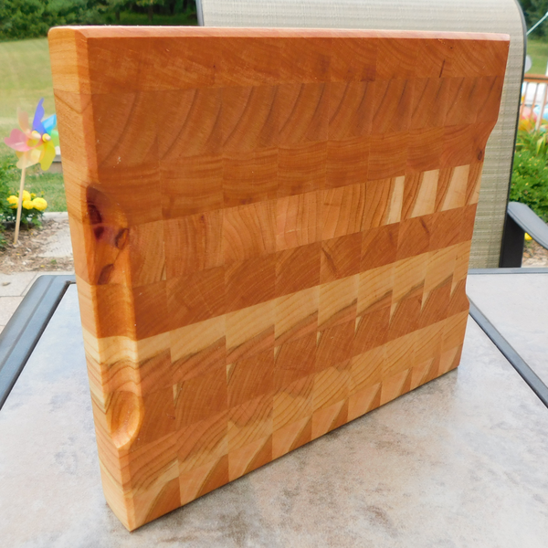 Cherry Wood End Grain Cutting Board with a Beveled Edge & Hand Grooves On Sides