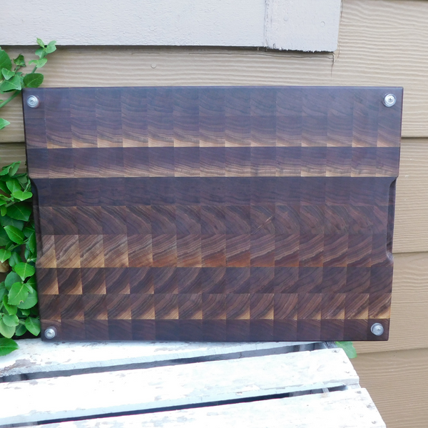 Large Black Walnut End Grain Cutting Board with Hand Grooves and Clear Rubber Grip Feet