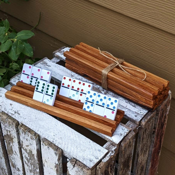 Set of TWO Hickory Wood Domino Holders with 3 Angled Domino Slots