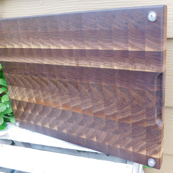 Large Black Walnut End Grain Cutting Board with Hand Grooves and Clear Rubber Grip Feet