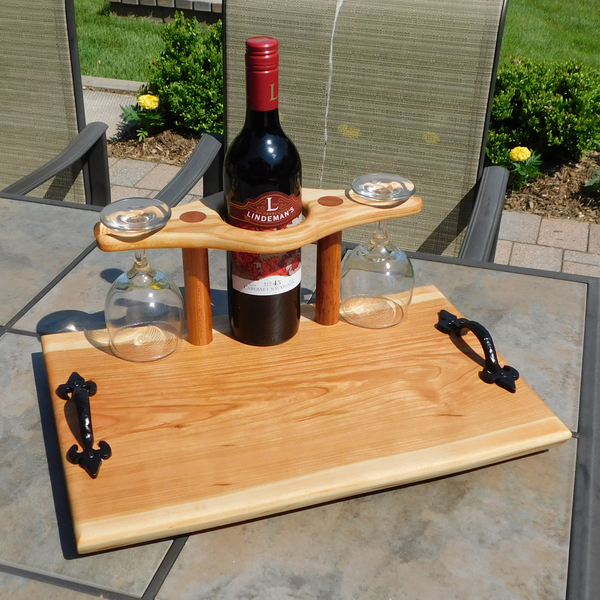 Cherry Wood Wine Charcuterie Board with Wine Glasses, Cast Iron Handles, & Clear Rubber Grip Feet