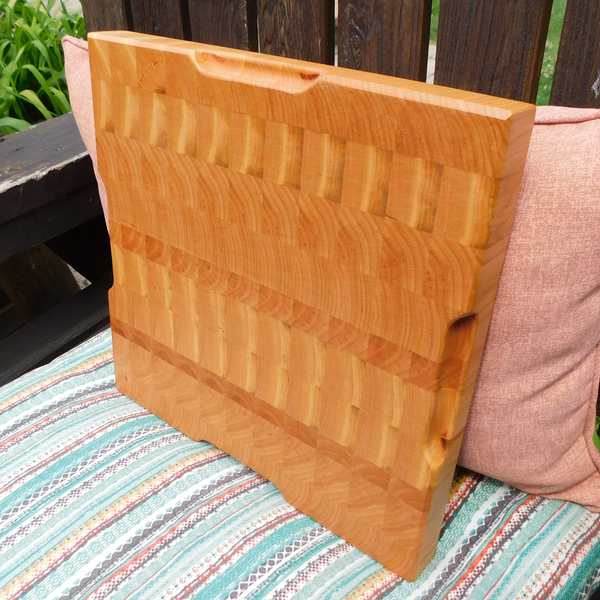Cherry Wood End Grain Cutting Board with Hand Grooves on All Four Sides and Beveled Edge