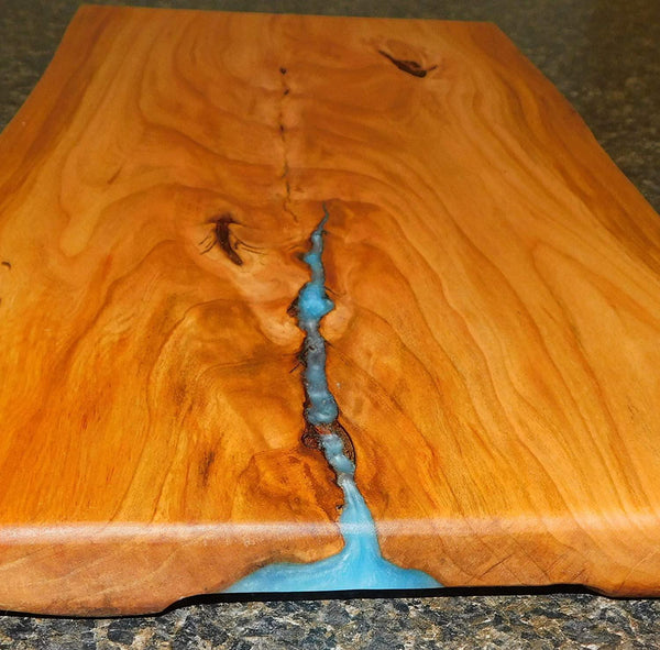Cherry Wood Live Edge River Board With Blue Epoxy Resin - Springhill Millworks
