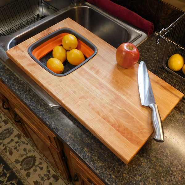 Over The Sink Cherry Wood Edge Grain Cutting Board with Colander and Clear Rubber Grip Feet