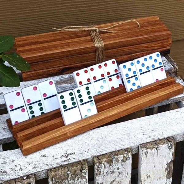 Set of TWO Hickory Wood Domino Holders with 3 Angled Domino Slots