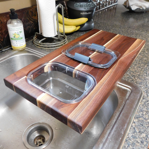 Over The Counter Black Walnut Edge Grain Cutting Board with Tupperware Insert & Clear Rubber Grip Feet