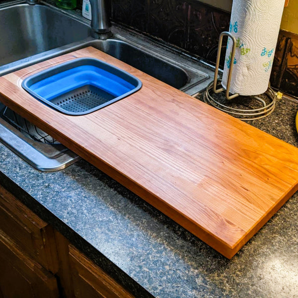 Cherry Wood Edge Grain Cutting Board with Colander and Clear Rubber Grip Feet