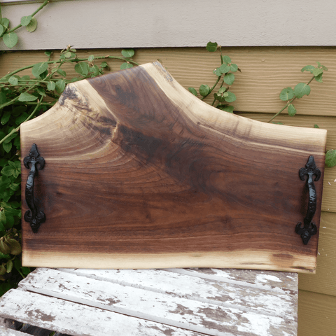 Black Walnut Charcuterie Board / Serving Tray With Heavy Duty Cast Iron Handles & Clear Rubber Feet