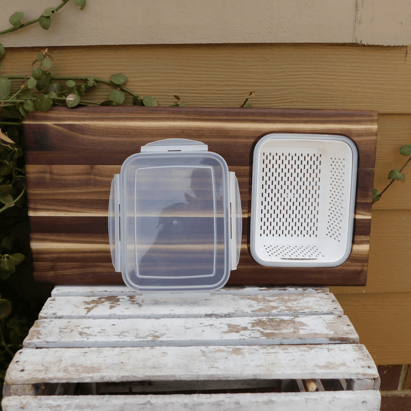 Over The Sink or Counter Black Walnut Edge Grain Cutting Board with Tupperware & Colander Combo & Clear Rubber Grip Feet