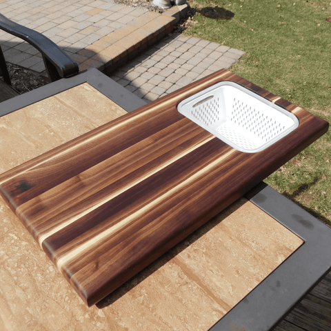 Over The Sink or Counter Black Walnut Edge Grain Cutting Board with Tupperware & Colander Combo & Clear Rubber Grip Feet