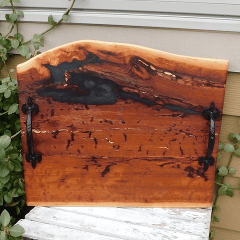 Spalted Cherry Wood Charcuterie Board with Cast Iron Handles & Clear Rubber Grip Feet