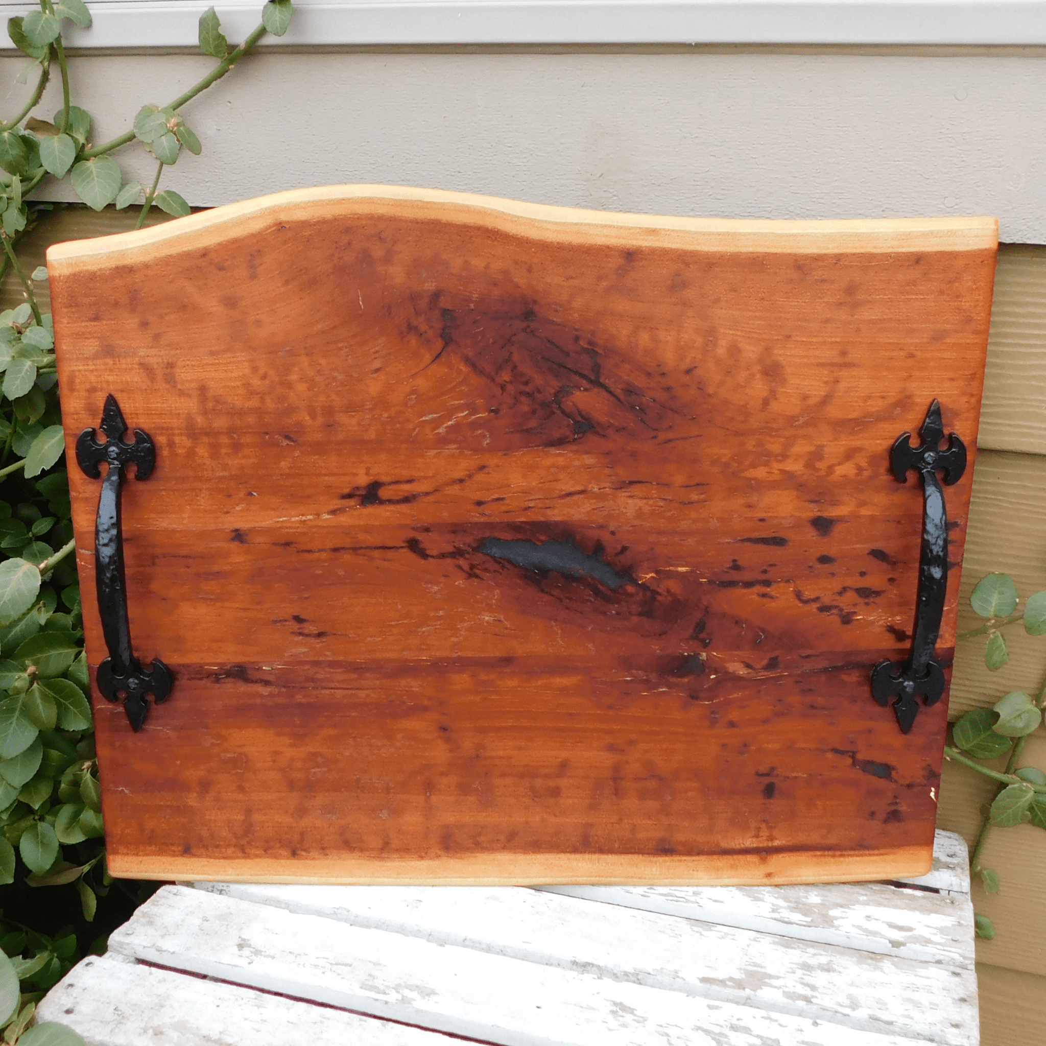 Spalted Cherry Wood Charcuterie Board with Cast Iron Handles & Clear Rubber Grip Feet