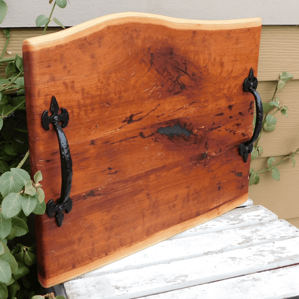 Spalted Cherry Wood Charcuterie Board with Cast Iron Handles & Clear Rubber Grip Feet