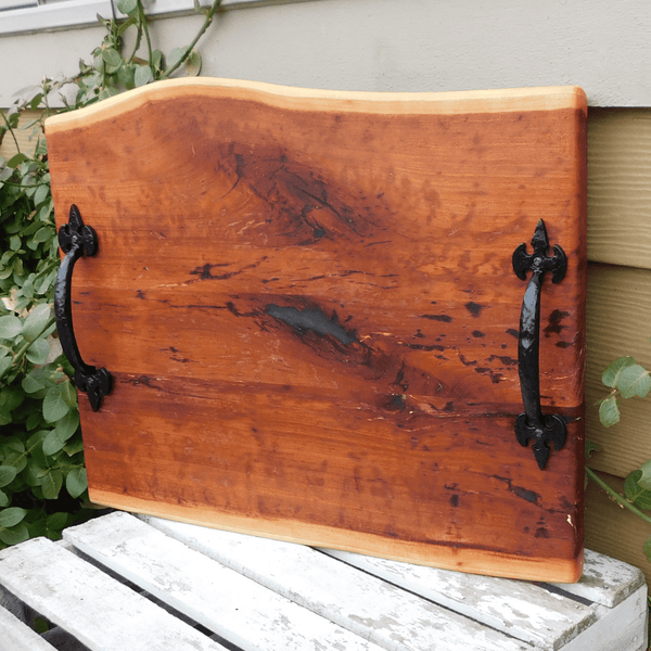 Spalted Cherry Wood Charcuterie Board with Cast Iron Handles & Clear Rubber Grip Feet