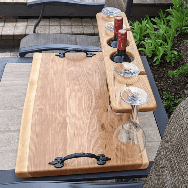 Double-Bottle Cherry Wood Wine Charcuterie Board with Wine Glasses