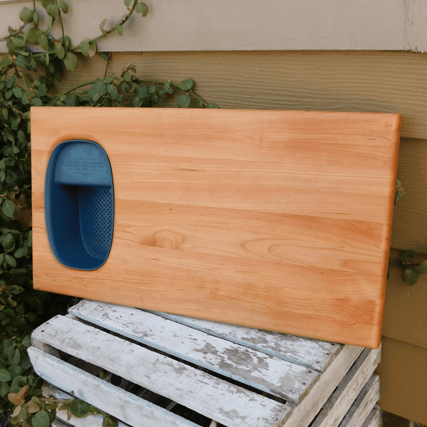 Over The Sink Cherry Wood Edge Grain Cutting Board with Colander and Clear Rubber Grip Feet