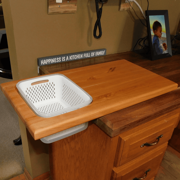 Over The Sink or Counter Cherry Wood Edge Grain Cutting Board with Tupperware & Colander Combo & Clear Rubber Grip Feet