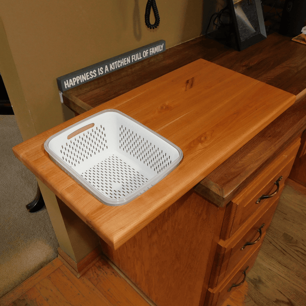 Over The Sink or Counter Cherry Wood Edge Grain Cutting Board with Tupperware & Colander Combo & Clear Rubber Grip Feet