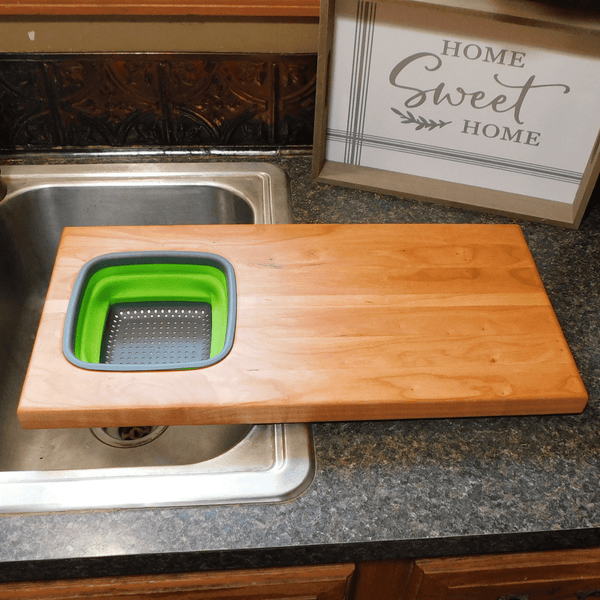 Over The Sink Cherry Wood Edge Grain Cutting Board with Collapsible Colander and Clear Rubber Grip Feet
