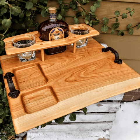 Cherry Wood Whiskey charcuterie board tray with heavy duty wrought iron handles and clear rubber grip feet.