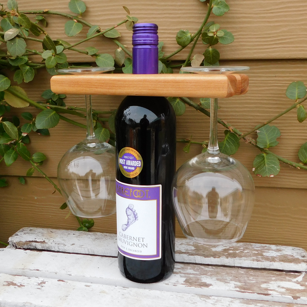 2-Glass Cherry Wood Wine Glass & Bottle Caddy