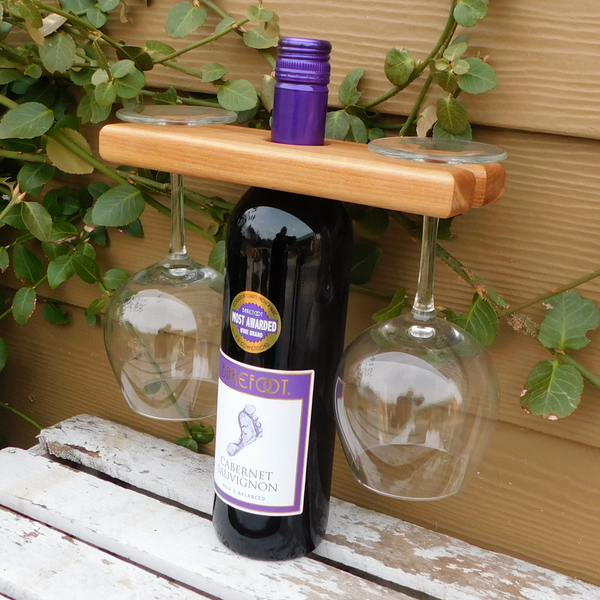 2-Glass Cherry Wood Wine Glass & Bottle Caddy