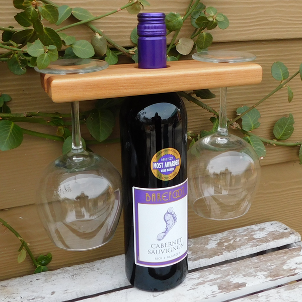 2-Glass Cherry Wood Wine Glass & Bottle Caddy