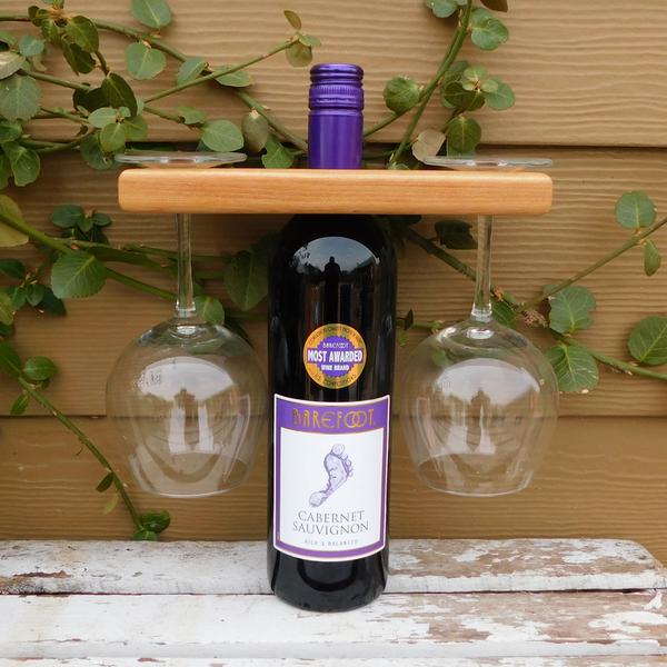 2-Glass Cherry Wood Wine Glass & Bottle Caddy