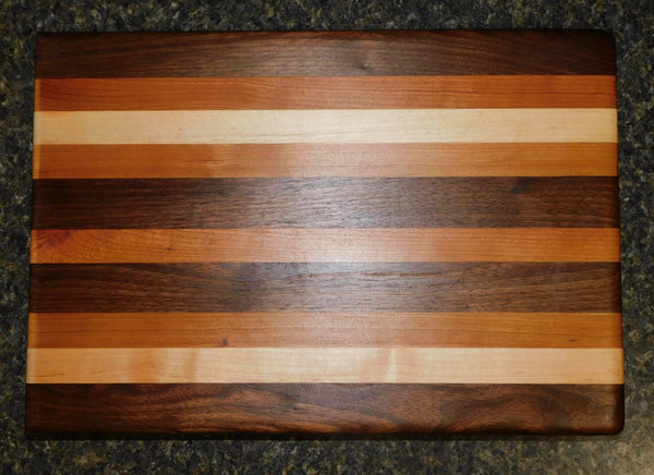 Black Walnut, Cherry Wood, & Maple Edge Grain Cutting Board with Clear Rubber Grip Feet