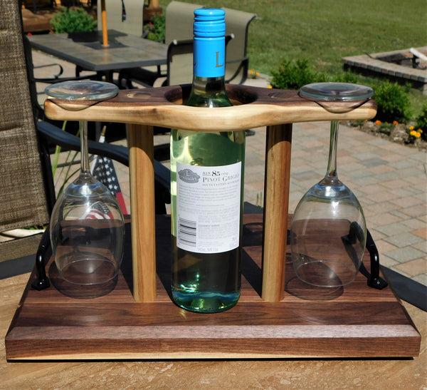 Black Walnut Wood Butcher Block Style Wine Caddy Cutting Board with Wine Glasses
