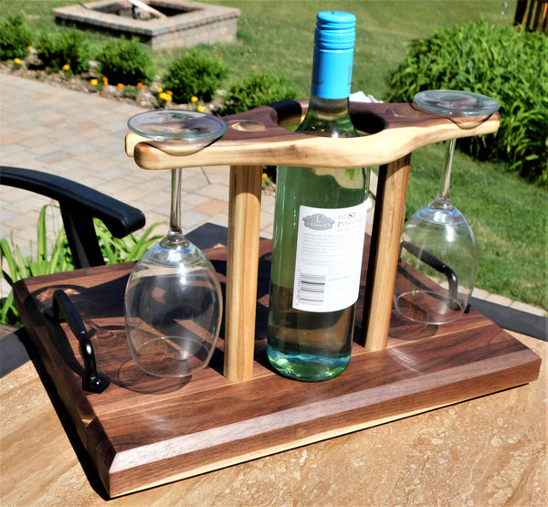 Black Walnut Wood Butcher Block Style Wine Caddy Cutting Board with Wine Glasses