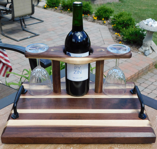 Black Walnut Butcher Block Style Wine Caddy Cutting Board with Wine Glasses