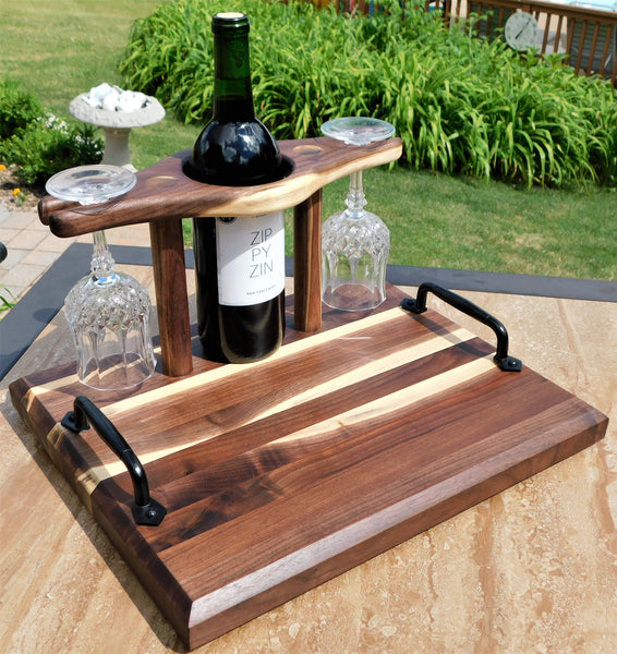 Black Walnut Butcher Block Style Wine Caddy Cutting Board with Wine Glasses