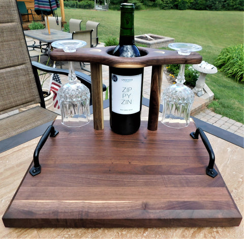 Black Walnut Wood Butcher Block Style Wine Caddy Cutting Board with Wine Glasses