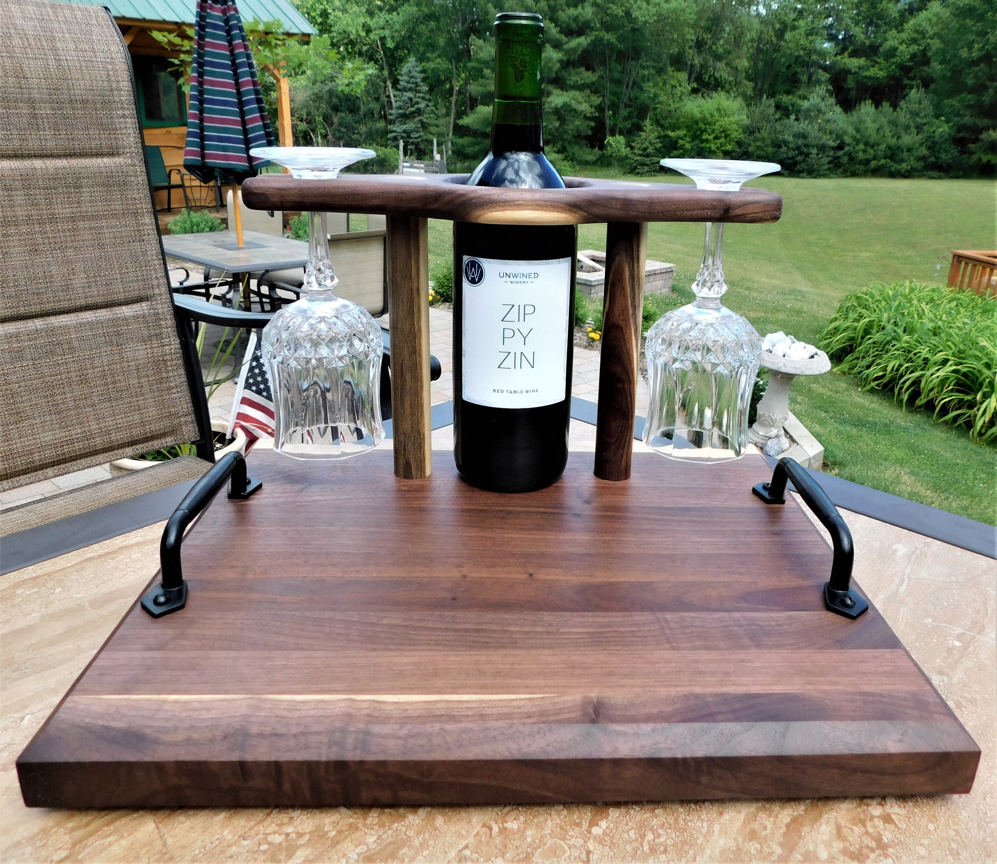 Black Walnut Wood Butcher Block Style Wine Caddy Cutting Board with Wine Glasses