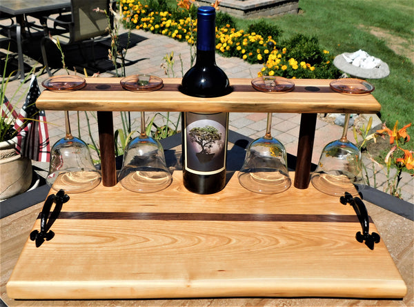 Cherry Wood & Black Walnut Wine Charcuterie Board with Wine Glasses