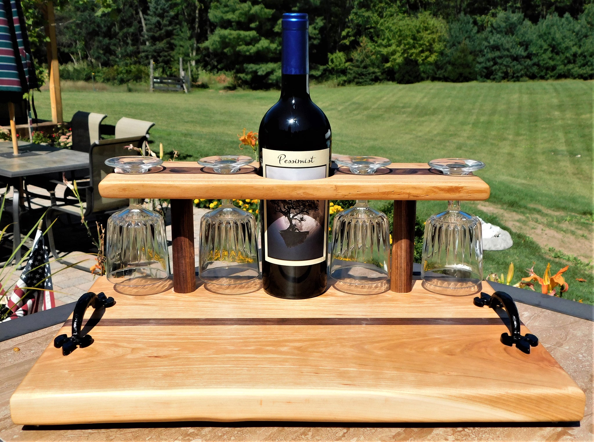 Cherry Wood & Black Walnut Wine Charcuterie Board with Wine Glasses