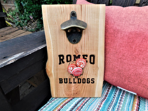 Romeo Bulldogs Engraved Cherry Wood Bottle Opener