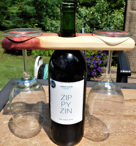 2-Glass Red Cedar Wood Wine Glass & Bottle Caddy