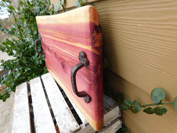 Red Cedar Charcuterie Board with Wrought Iron Handles & Clear Rubber Grip Feet