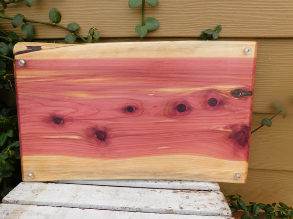 Red Cedar Charcuterie Board with Wrought Iron Handles & Clear Rubber Grip Feet