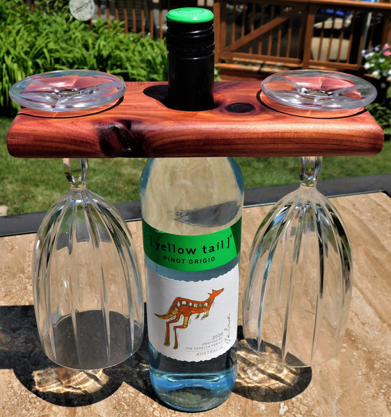 2-Glass Red Cedar Wood Wine Glass & Bottle Caddy