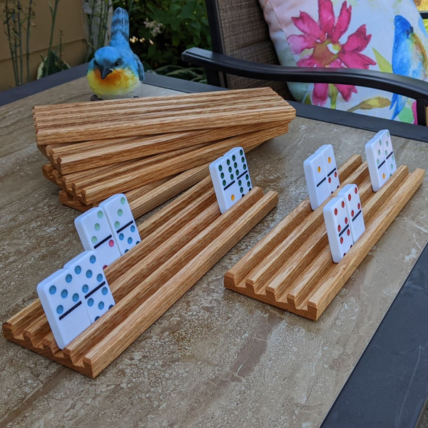 Set of FOUR Oak Wood Domino Holders with 4 Angled Domino Slots, Wooden Domino Stands, Trays, Racks, Brackets, Tile Storage, Display Stands for Mexican Train, Chicken Foot. Mahjong Games, and classic board games.