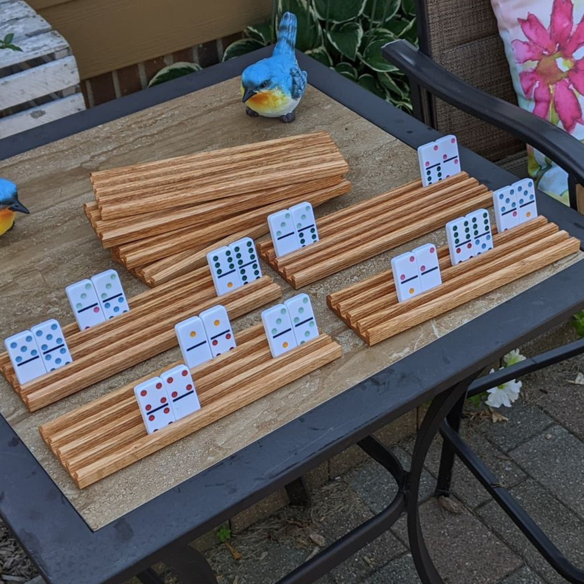 Set of TWO Oak Wood Domino Holders with 4 Angled Domino Slots