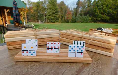 Set of four Oak hardwood Domino holders for games.Set of FOUR Oak Wood Domino Holders with 3 Angled Domino Slots