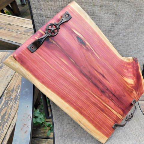 Red Cedar Charcuterie Board with Wrought Iron Handles & Clear Rubber Grip Feet