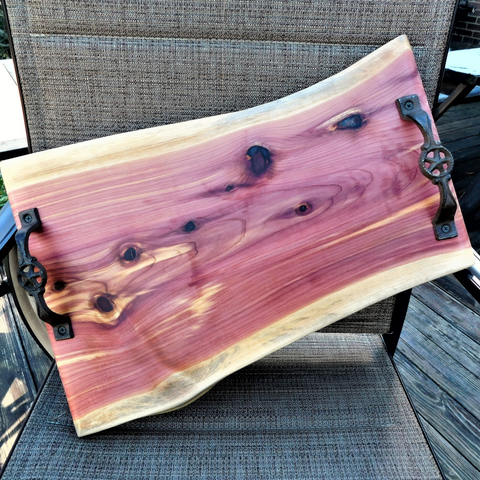 Red Cedar Charcuterie Board with Wrought Iron Handles & Clear Rubber Grip Feet