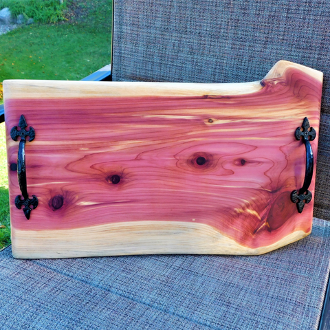 Red Cedar Charcuterie Board with Wrought Iron Handles & Clear Rubber Grip Feet